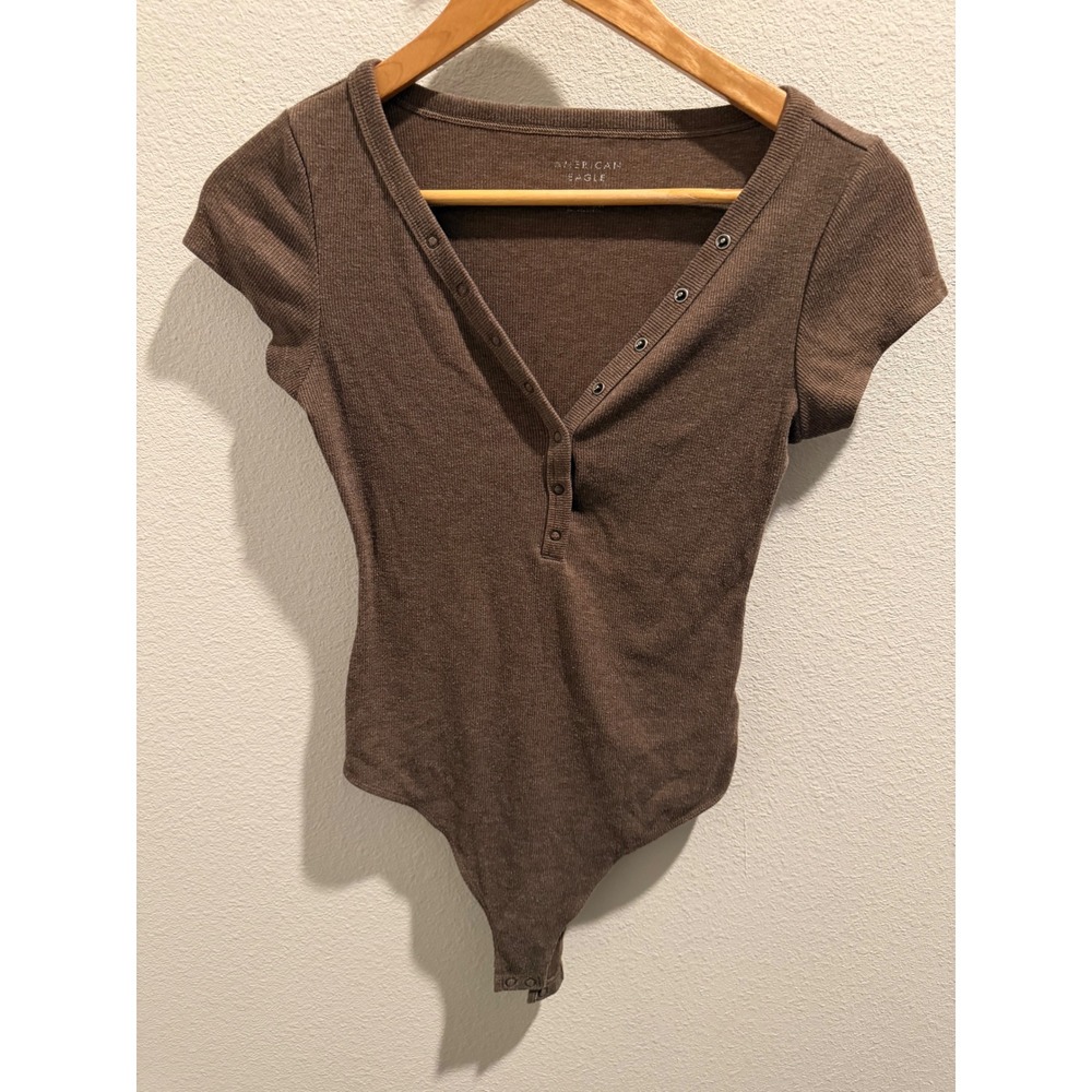 American Eagle Brown Ribbed Henley Bodysuit Short Sleeve V-Neck Snap Bottom